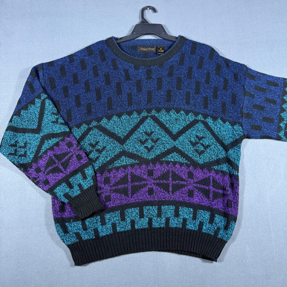 Michael Gerald Geometric Knit Sweater Mens 2X Blue Teal Purple Acrylic Crewneck